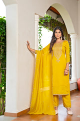 Mustard Embroidered Vichitra Kurta Set for Women with Dupatta