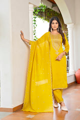 Mustard Embroidered Vichitra Kurta Set for Women with Dupatta