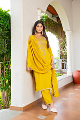 Mustard Embroidered Vichitra Kurta Set for Women with Dupatta