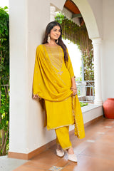 Mustard Embroidered Vichitra Kurta Set for Women with Dupatta