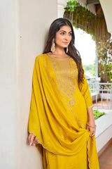 Mustard Embroidered Vichitra Kurta Set for Women with Dupatta