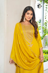 Mustard Embroidered Vichitra Kurta Set for Women with Dupatta