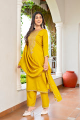 Mustard Embroidered Vichitra Kurta Set for Women with Dupatta