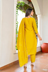 Mustard Embroidered Vichitra Kurta Set for Women with Dupatta