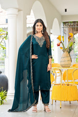 Women’s Petrol Embroidered Vichitra Kurta Pant Dupatta Set with Full Inner