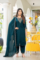Women’s Petrol Embroidered Vichitra Kurta Pant Dupatta Set with Full Inner