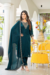 Women’s Petrol Embroidered Vichitra Kurta Pant Dupatta Set with Full Inner