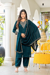 Women’s Petrol Embroidered Vichitra Kurta Pant Dupatta Set with Full Inner