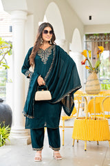 Women’s Petrol Embroidered Vichitra Kurta Pant Dupatta Set with Full Inner