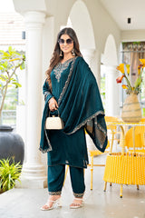 Women’s Petrol Embroidered Vichitra Kurta Pant Dupatta Set with Full Inner
