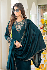 Women’s Petrol Embroidered Vichitra Kurta Pant Dupatta Set with Full Inner