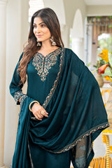 Women’s Petrol Embroidered Vichitra Kurta Pant Dupatta Set with Full Inner