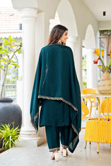 Women’s Petrol Embroidered Vichitra Kurta Pant Dupatta Set with Full Inner