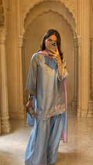 Sky Blue Embroidered Festive Kurti with Punjabi Salwar & Ombre Dupatta – 3 Piece Set