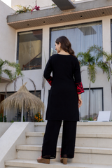 Black Embroidered Kurta Pant Set with Sheer Dupatta