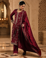 Elegant Maroon Embroidered Vichitra Silk Kurta Set with Dupatta