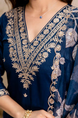 Women’s Petrol Embroidered Straight Kurta Pant Set with V-Neck & Digital Printed Tebby Dupatta