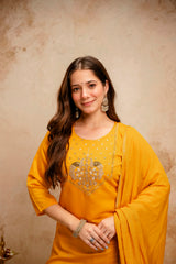 Women’s Embroidered Chanderi Kurta Pant Set with Bhagalpuri Dupatta