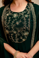 Women’s Dark Green Embroidered Georgette Anarkali Maxi Dress with Cape