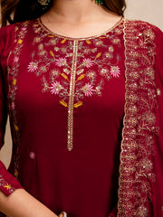 Women’s Maroon Vichitra Silk Embroidered Kurta Pant Set with Dupatta