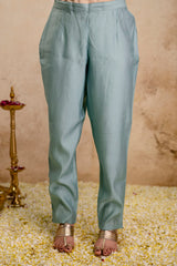 Women's Sea Green Embroidered Roman Silk Kurta Pant Dupatta Set