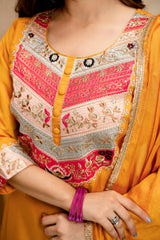 Women’s Yellow Chanderi Embroidered Flared Anarkali Kurta Pant Set with Dupatta