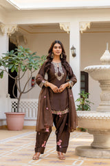Women’s Embroidered Japan Satin Kurta Patiala Set with Dupatta – Off White, Coffee & Pista