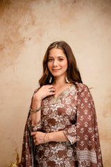 Printed Magic Cotton Straight Kurta Set for Women with Embroidered V-Neckline & Dupatta