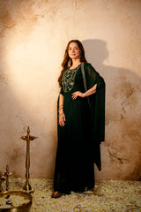 Women’s Dark Green Embroidered Georgette Anarkali Maxi Dress with Cape