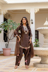 Women’s Embroidered Japan Satin Kurta Patiala Set with Dupatta – Off White, Coffee & Pista