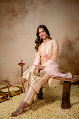 Women’s Cream Soft Assam Silk Floral Printed Kurta Pant Set with Teby Digital Print Dupatta