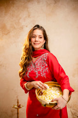 Women’s Red Embroidered Chanderi V-Neck Kurta Pant Dupatta Set