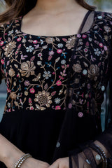 Black Embroidered Sequinned Anarkali Kurta with Dupatta for Women