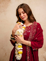 Women’s Maroon Vichitra Silk Embroidered Kurta Pant Set with Dupatta
