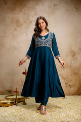 Women’s Traditional Embroidered Vichitra Silk Anarkali Kurta Set with Dupatta & Pant – Flared Festive Wear