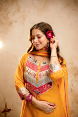 Women’s Yellow Chanderi Embroidered Flared Anarkali Kurta Pant Set with Dupatta