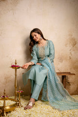 Women's Sea Green Embroidered Roman Silk Kurta Pant Dupatta Set