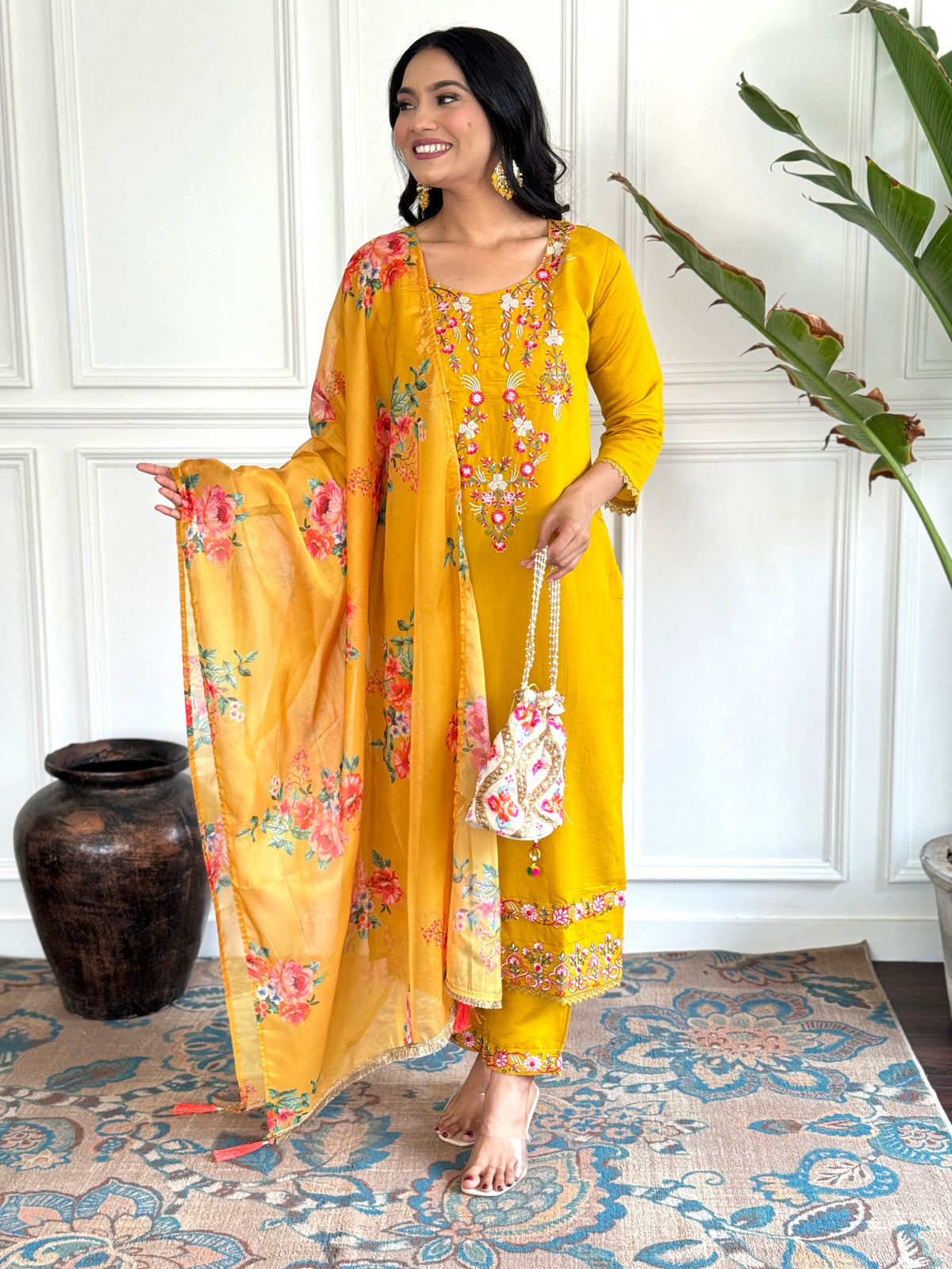 Women’s Yellow Embroidered D Chinon Kurti Pant Dupatta Set with Printed Tebby Silk Dupatta
