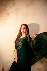 Women’s Dark Green Embroidered Georgette Anarkali Maxi Dress with Cape