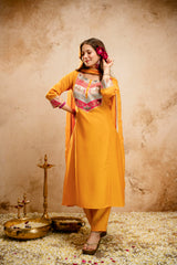 Women’s Yellow Chanderi Embroidered Flared Anarkali Kurta Pant Set with Dupatta