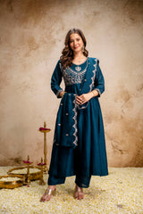 Women’s Traditional Embroidered Vichitra Silk Anarkali Kurta Set with Dupatta & Pant – Flared Festive Wear