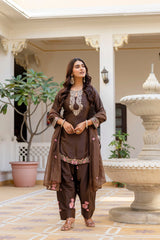 Women’s Embroidered Japan Satin Kurta Patiala Set with Dupatta – Off White, Coffee & Pista