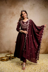Women’s Traditional Embroidered Vichitra Silk Anarkali Kurta Set with Dupatta & Pant – Flared Festive Wear