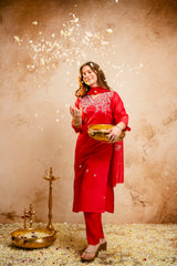 Women’s Red Embroidered Chanderi V-Neck Kurta Pant Dupatta Set