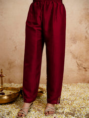 Women’s Maroon Vichitra Silk Embroidered Kurta Pant Set with Dupatta