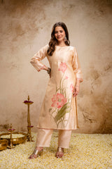 Women’s Cream Soft Assam Silk Floral Printed Kurta Pant Set with Teby Digital Print Dupatta