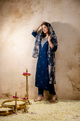 Women’s Petrol Embroidered Straight Kurta Pant Set with V-Neck & Digital Printed Tebby Dupatta