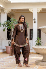 Women’s Embroidered Japan Satin Kurta Patiala Set with Dupatta – Off White, Coffee & Pista