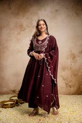 Women’s Traditional Embroidered Vichitra Silk Anarkali Kurta Set with Dupatta & Pant – Flared Festive Wear
