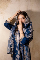 Women’s Petrol Embroidered Straight Kurta Pant Set with V-Neck & Digital Printed Tebby Dupatta